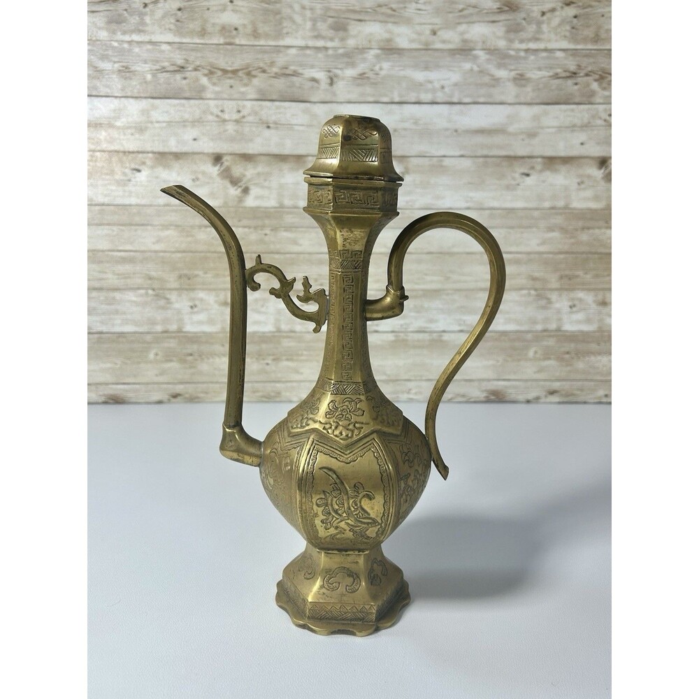 Engraved Brass Pitcher Ewer Teapot with Lid and Long Curved Spout